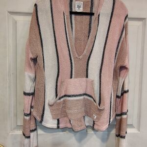 Billabong Baja Women's Size M Pink and White Striped V-Neck Hooded Sweater